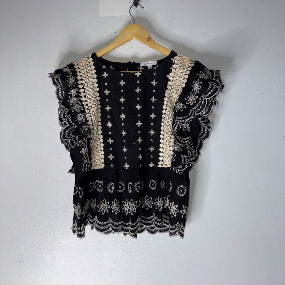 Monograph Black Cream Embroidered Ruffle Short Sleeve Top Boho‎ Medium